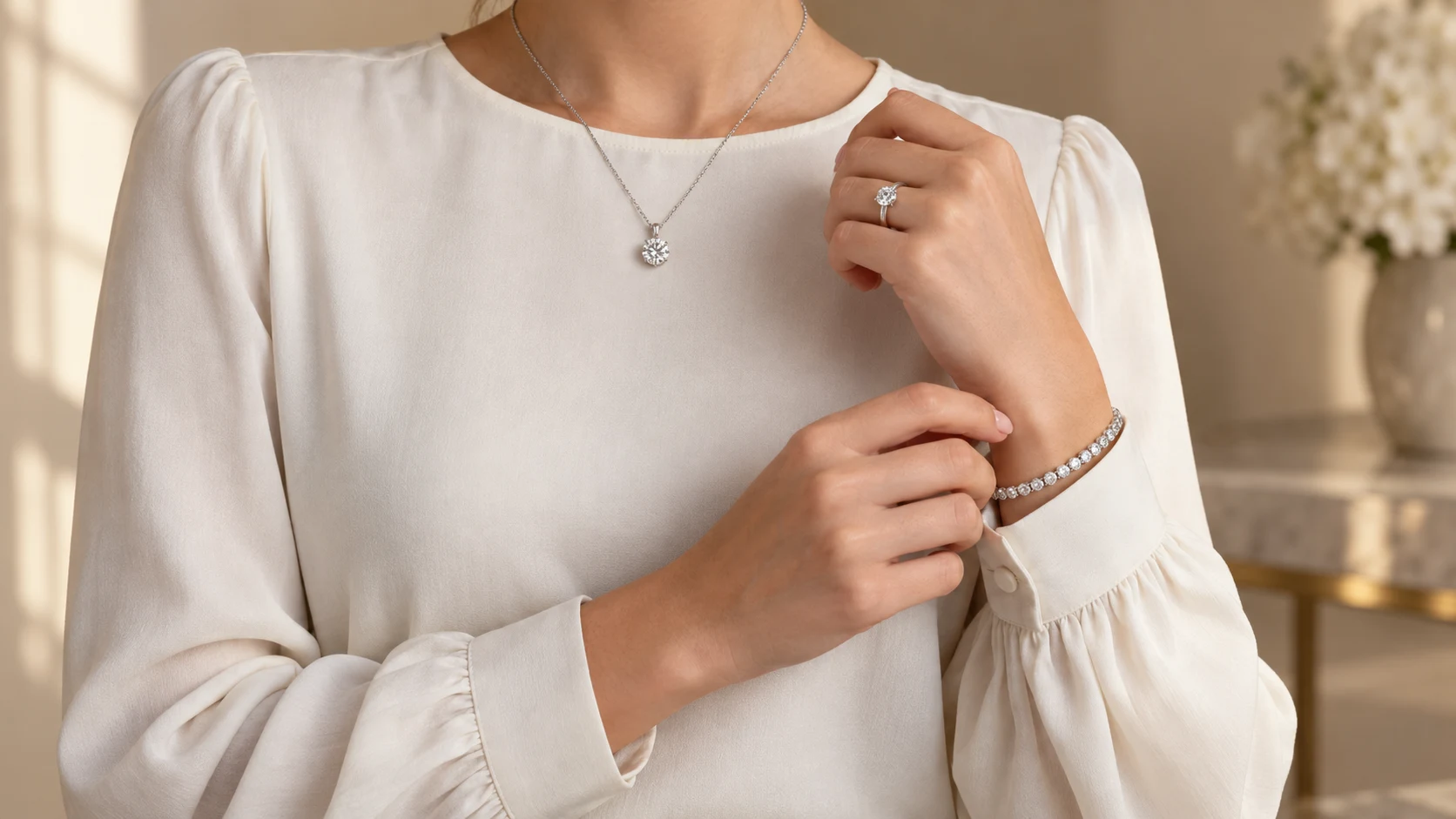 Diamond pendants styled on a model