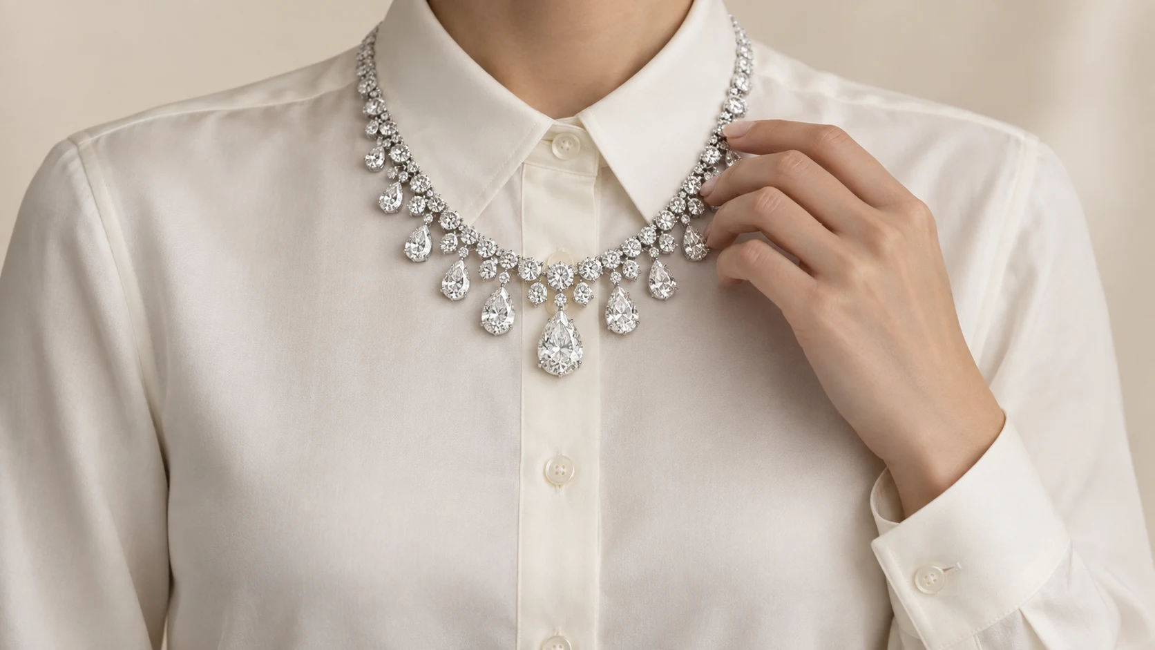 Diamond necklaces styled on a model
